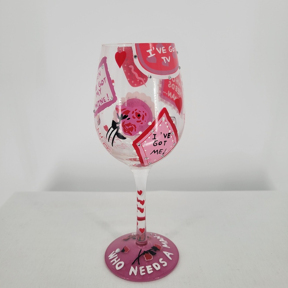 Lolita Love My Wine Who Needs a Man Hand Painted Wine Glass with Gift Box Pink